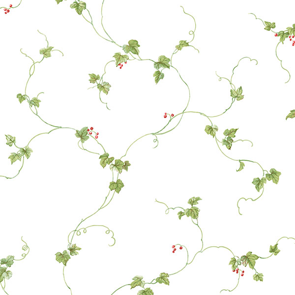 green and red small berries trail on white wallcovering