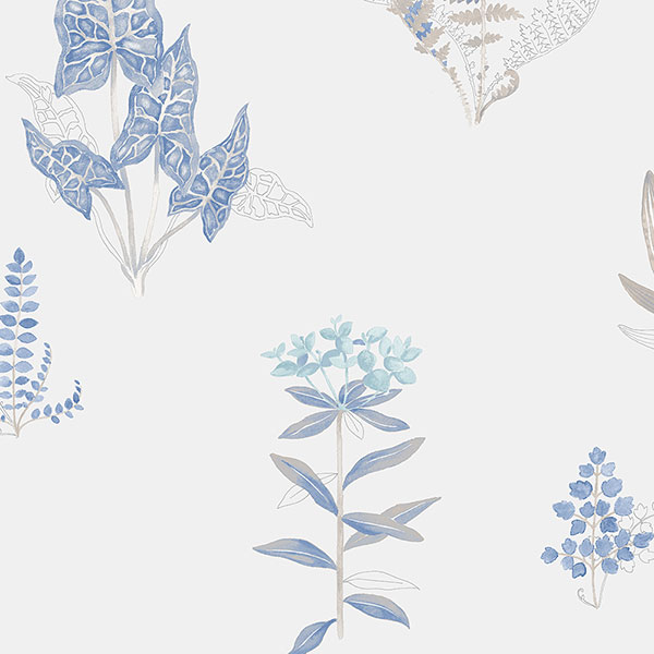 grey and blue ferns on white wallcovering