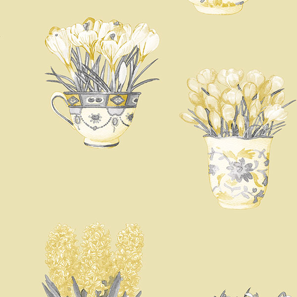 grey and yellow floral pots allover wallcovering