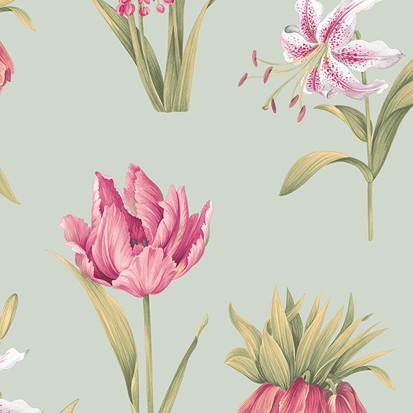 green pink and yellow floral on turquoise wallcovering