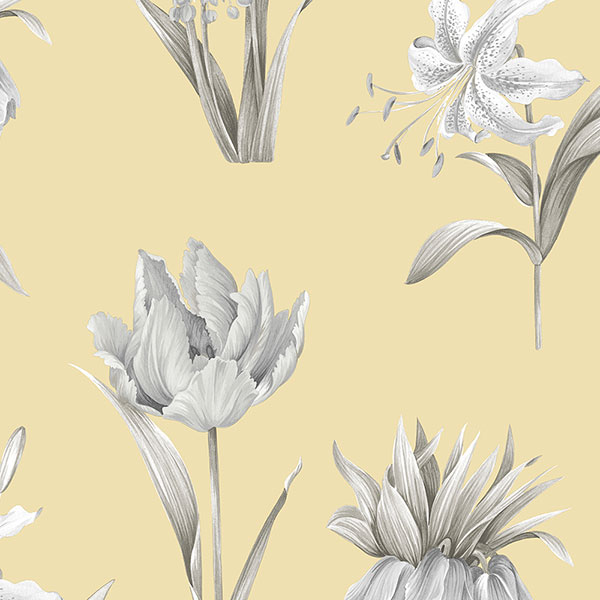 grey floral on yellow wallcovering