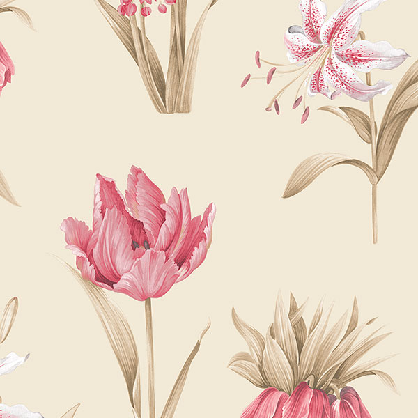 red and tan floral on cream wallcovering