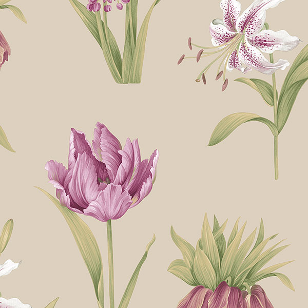 cranberry and green floral on taupe wallcovering
