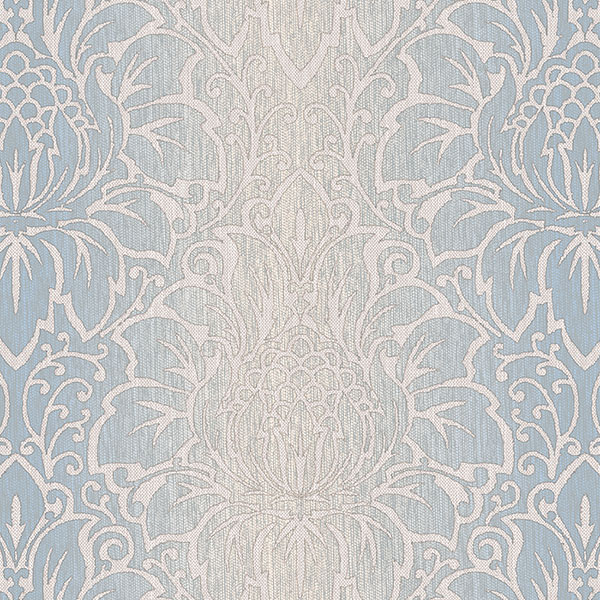Blue and beige damask wallcovering
