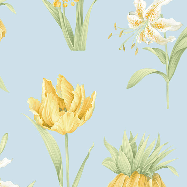 yellow and green floral on blue wallcovering