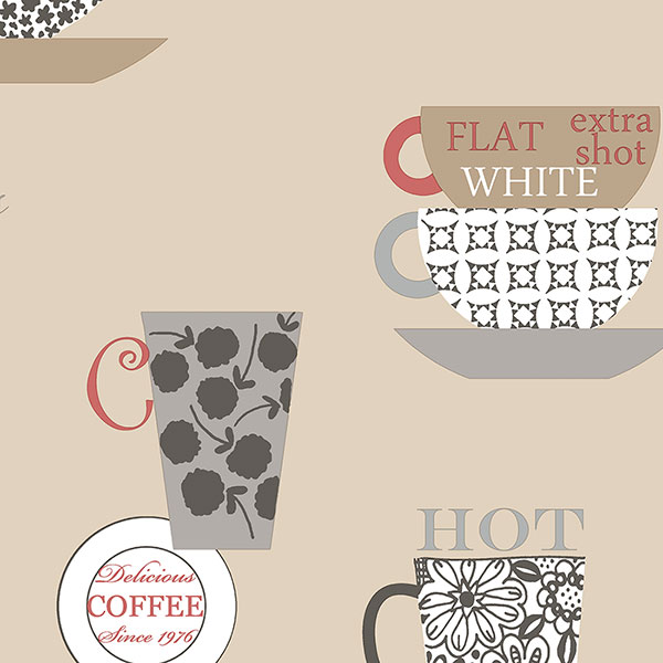 black red and beige novelty coffee cups on beige wallcovering