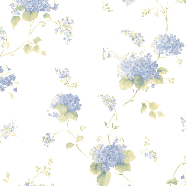 light blue hydrangea flower trail on white wallpaper wallcovering