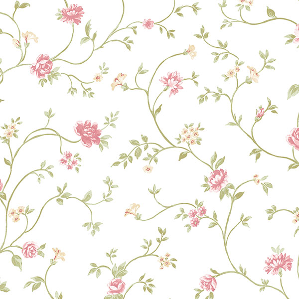 pink and green floral trail on white wallpaper wallcovering