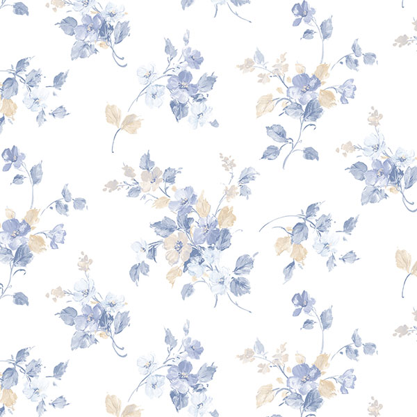 blue beige and white floral allover wallcovering