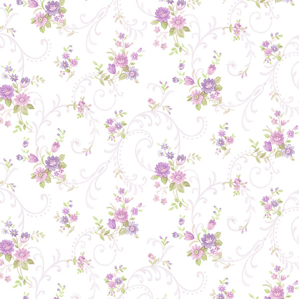 Purple and pink floral with purple filigree on white wallcovering