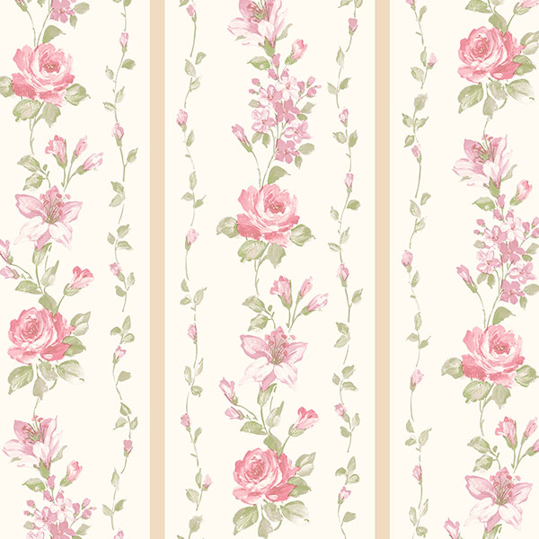 beige and pink floral stripe wallcovering
