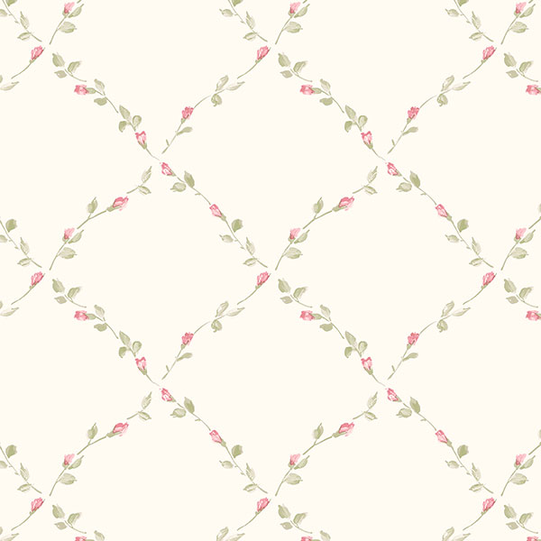 beige pink and green floral trellis wallcovering