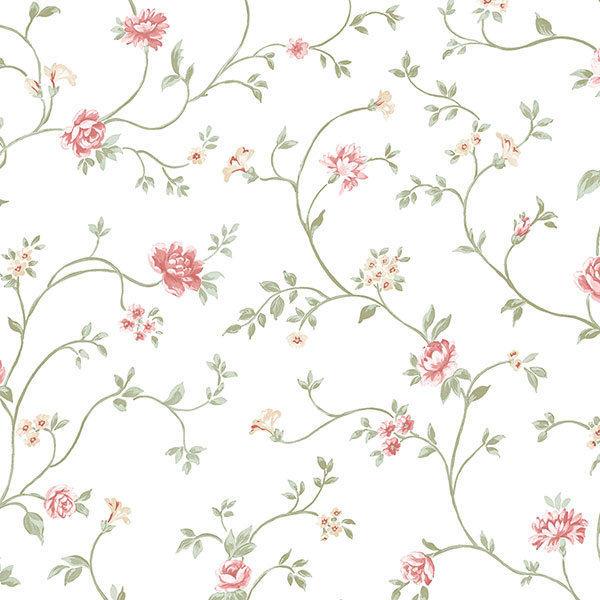 red green floral trail on white wallcovering