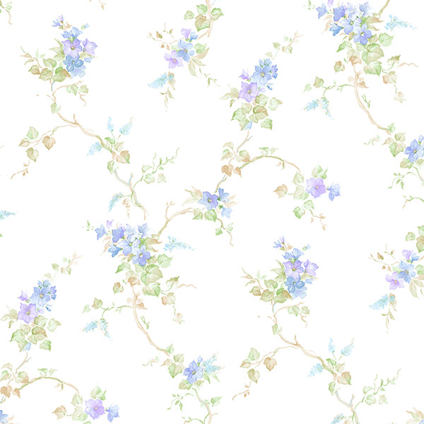 blue purple and green floral trail on white wallcovering