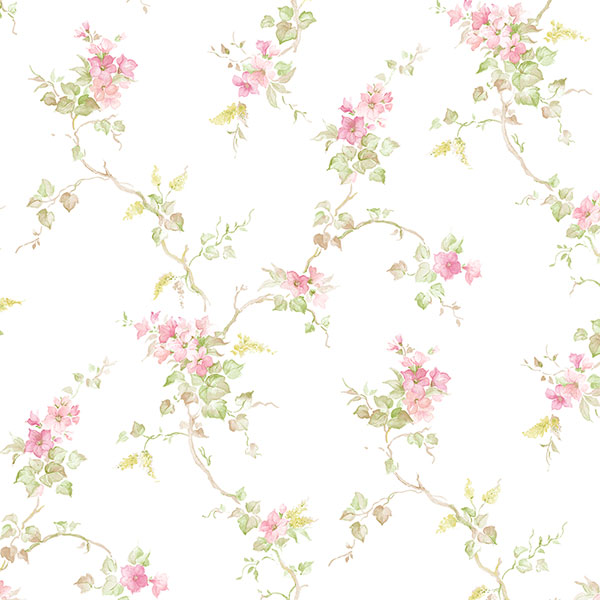 pink and green floral trail on white wallcovering