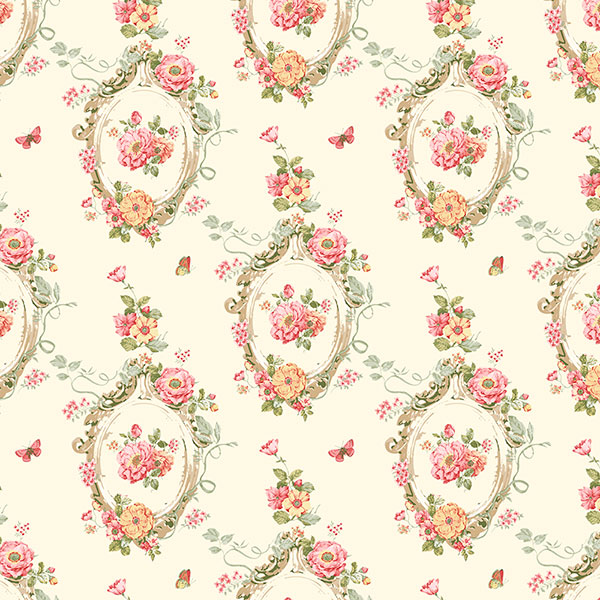 Red and green floral on light yellow wallcovering