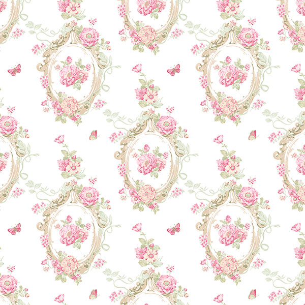 Pink and green floral on white wallcovering