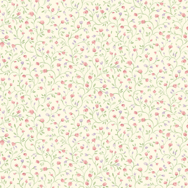 pink and green mini floral trail on light yellow wallcovering