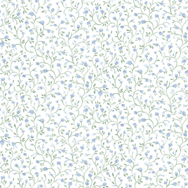 blue and green mini floral trail on white wallcovering