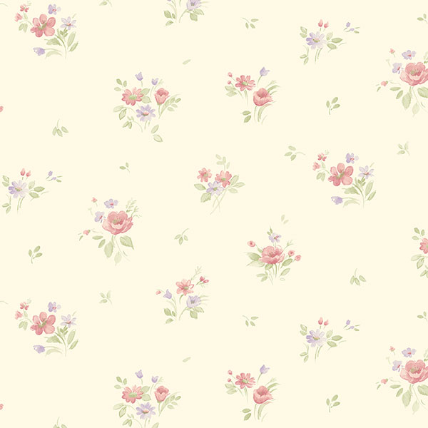 red green floral allover on beige wallcovering