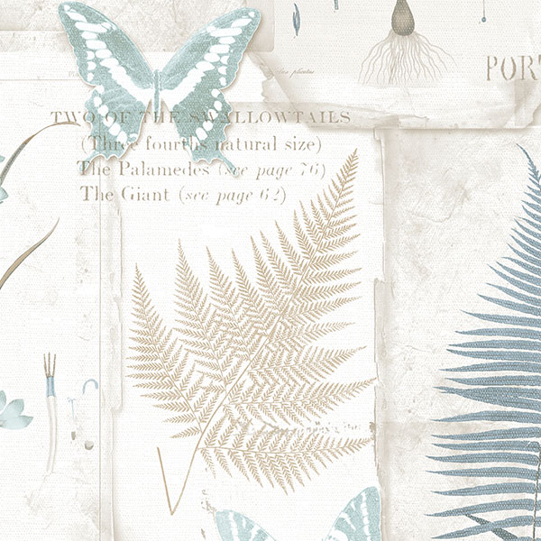 blue and taupe fern leaves on white wallcovering
