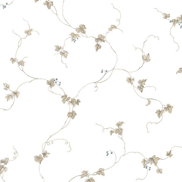 blue and taupe small berries trail on white wallcovering