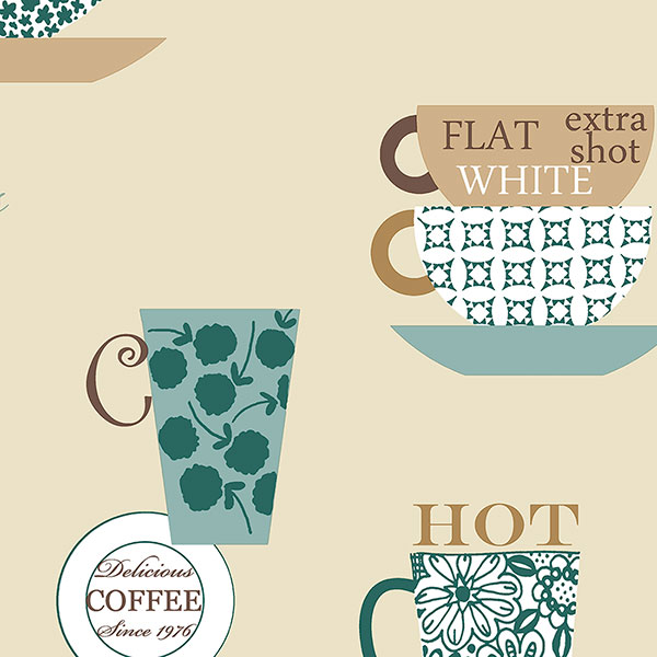 brown and teal novelty coffee cups on beige wallcovering