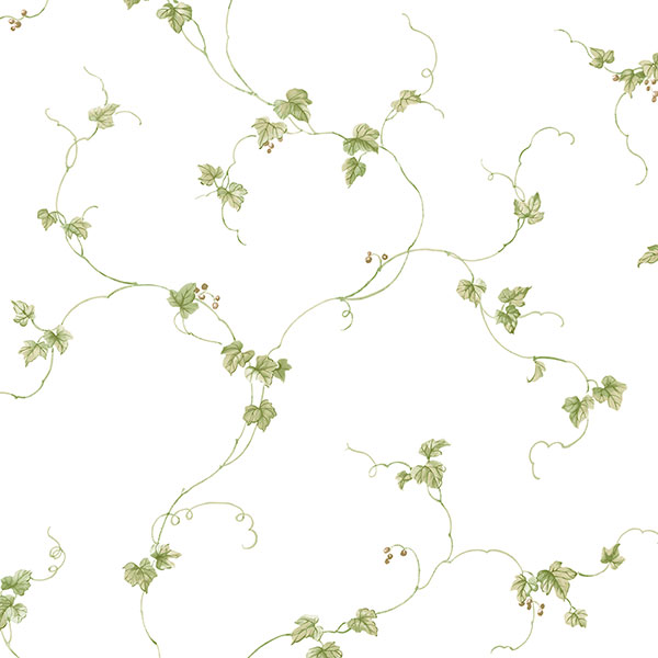green and beige small berries trail on white wallcovering