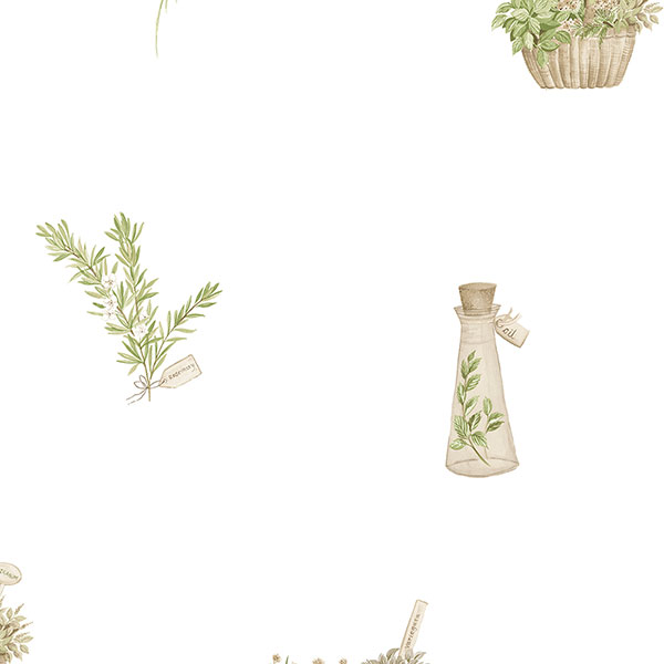 green and beige novelty herb on white wallcovering