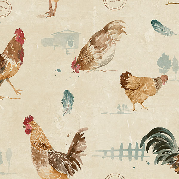 tan teal and orange roosters on beige wallcovering